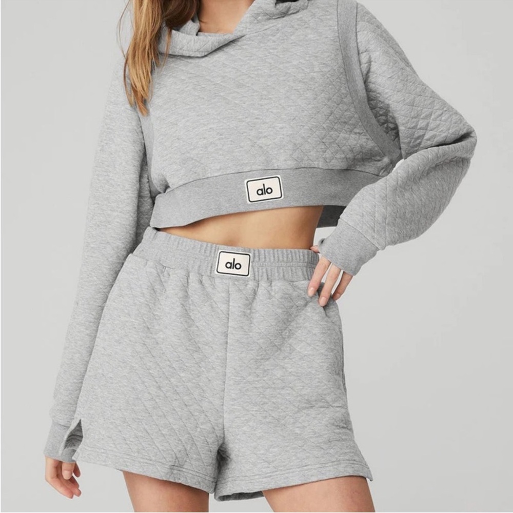 Alo Yoga Gray Arena Boxer Quilted Hoodie and Shorts Set